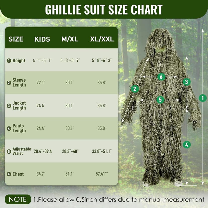Seeutek 5 in 1 Ghillie Suit - 3D Camouflage Hunting Suits - Jacket, Pants, Hood, Carry Bag for Adults & Youth, M/L/XL/XXL