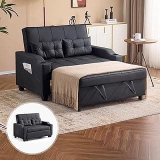 VINGLI Black Futon Sofa Bed Convertible Loveseat Sleeper Couch, Faux Leather Pullout Sofa Fold Out Couch Bed with USB Ports, Cup Holders, Armrest for Living Room, Bedroom Apartment Room