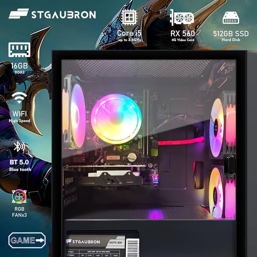 STGAubron Gaming PC Computer Desktop, Radeon RX 560 4G GDDR5, Intel Core i5 up to 3.6G, 16G RAM, 512G SSD, WiFi 6, BT 5.0, RGB Fan x 3, Windows 11 Home