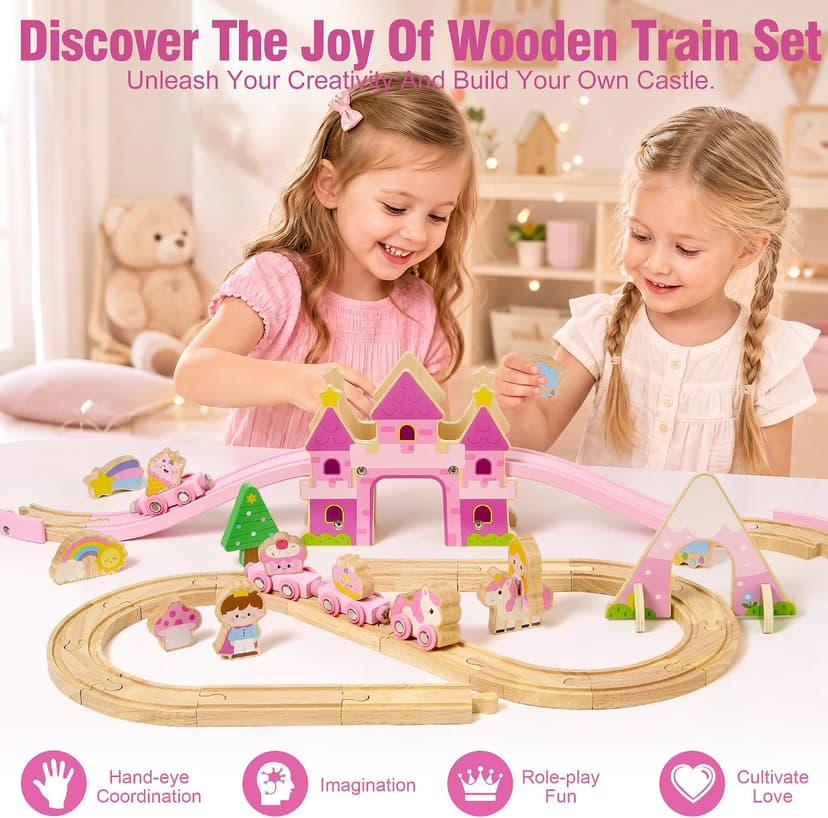 Princess Castle & Magnetic Trains, Compatible with Most Wooden Train Tracks, Birthday Gift for Girls 3 4 5 Year Old Atoylink Wooden Train Set for Toddler Girls, 40Pcs Pink Unicorn Train Toys B0H6HGYDWR