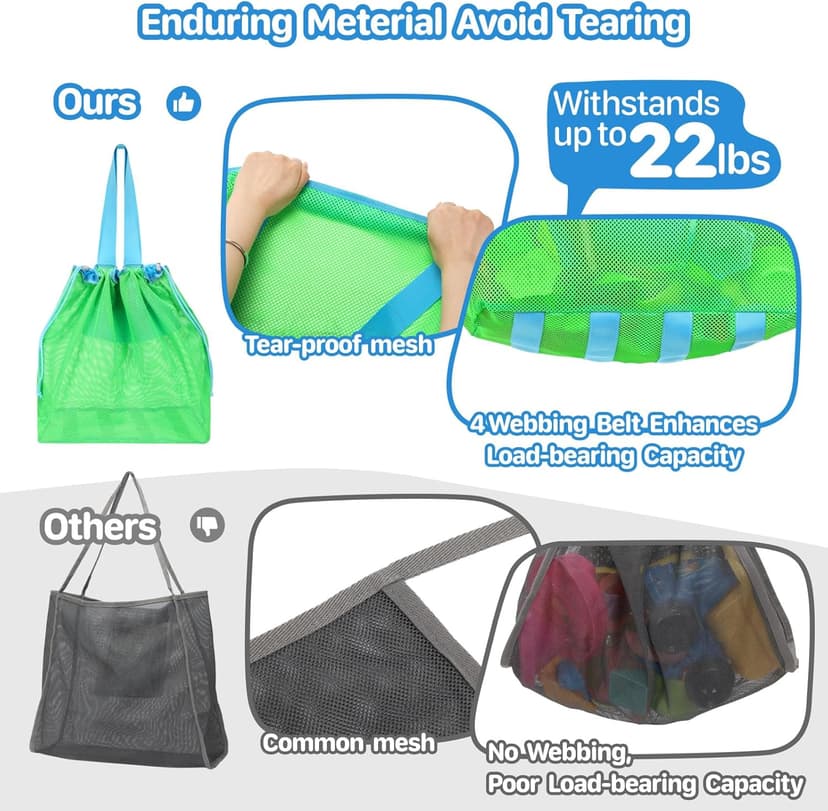Extra Large Mesh Beach Toy Bag With Drawstring - Lightweight Tote for Sand Toys, Children's Storage Bag for Travel Essentials, Neon Green