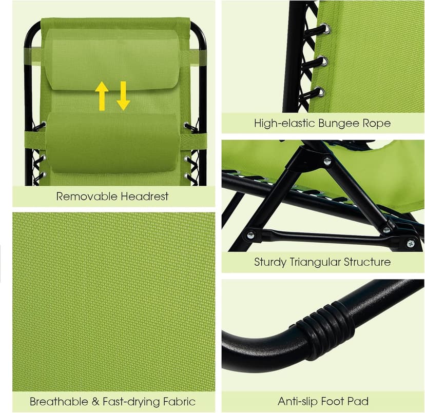 Goplus Zero Gravity Lounge Chairs, 160°Adjustable Folding Recliner w/Pillow and Cup Holder, 350LBS Comfy Outdoor Lounge Chairs for Patio, Lawn, Yard & Camp(Set of 2, Green)