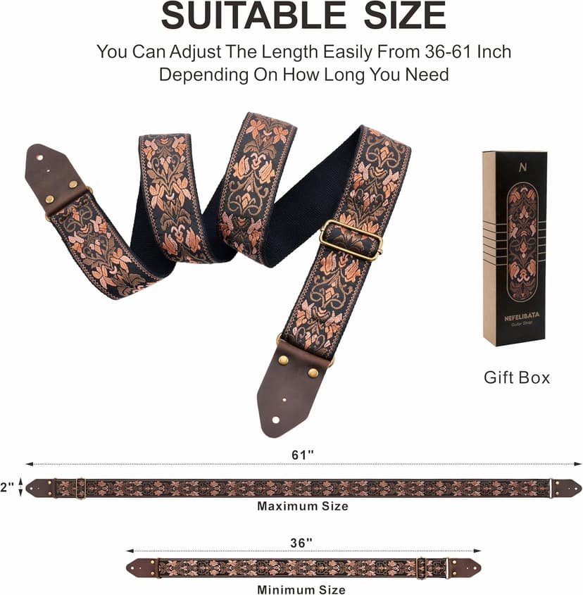 Nefelibata Guitar Strap,Jacquard Embroidery Cotton Guitar Straps with Crazy Horse Leather Ends for Bass, Electric & Acoustic, Best Gifts for Kids, Guitarists(Embroidered Gold Flower)