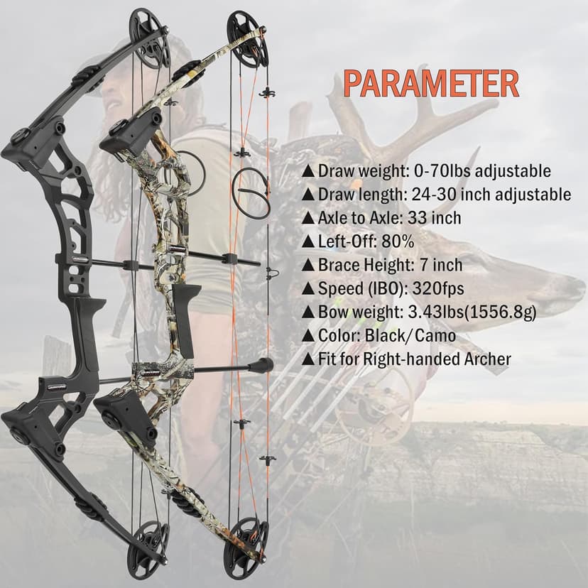 Archery Bowfishing Compound Bow Kit, 0-70lbs Adjustable,Ready to Fish Kit with Bowfishing Reel,Bow Fishing Arrows,Right-Handed for Adult/Youth Fishing Hunting Target Shooting