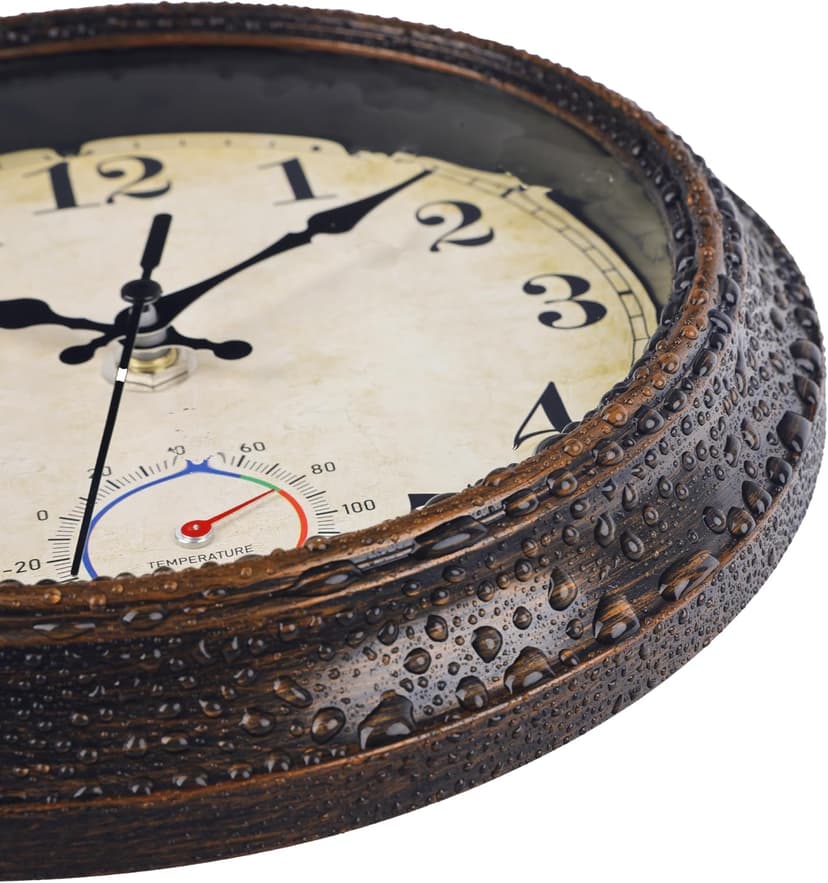 Horizent Outdoor Clocks Waterproof with Thermometer Combo Vintage Rustic Wall Clock for Patio Pool Bathroom Kitchen(8 Inch,Bronze)