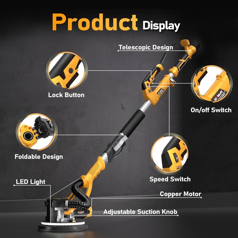 GEVEELIFE Drywall Sander, 880W Popcorn Ceiling Removal Tool, Drywall Sander with Vacuum Dust Collector, 5 Variable Speed 1000-2100RPM, LED Light, Foldable & Extendable Handle, 12 Sanding Discs