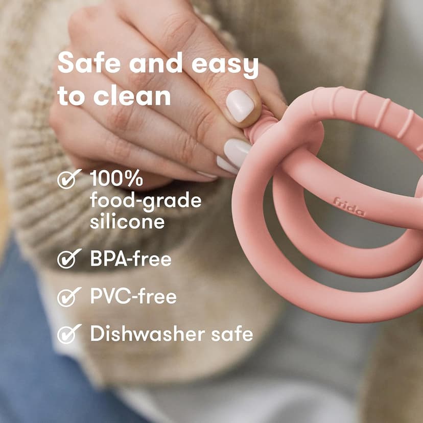 Frida Baby Get-A-Grip Silicone Teether for Teething Pain Relief, BPA-Free Food-Grade Teething Toys for Infant Baby Newborn 0-6, 12, 18 Months, Easy-Grip Teether Ring, PVC-Free, Pink
