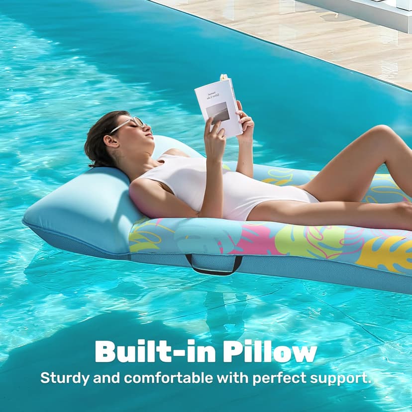 SLOOSH Inflatable Pool Floats Raft - XL Fabric Covered Pool Mat Lounger Floaties for Adults, Ultra Comfort Inflatable Water Float with Headrest for Beach Lake Swimming Pool 68"X34" (Light Blue)