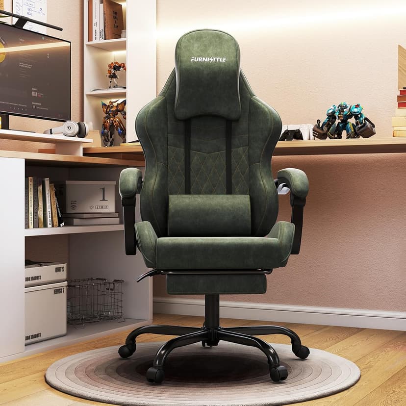 Gaming Chair Big and Tall, Green Leather Video Game Chairs with Footrest, Padded Linkage Armrests & Large Headrest, Ergonomic Computer Chair 350lbs for Adults Gaming or Office Use