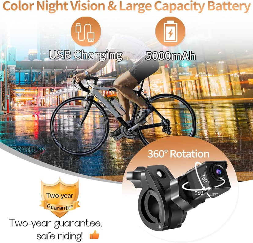 Bike Camera Rechargeable Battery 360° Rotation - Color Night Vision 3 Mins Easy Installation Wide View Handlebar 4.3'' HD 1080P Monitor Bicycle Rear View Camera for Mountain Ebike Wankskey