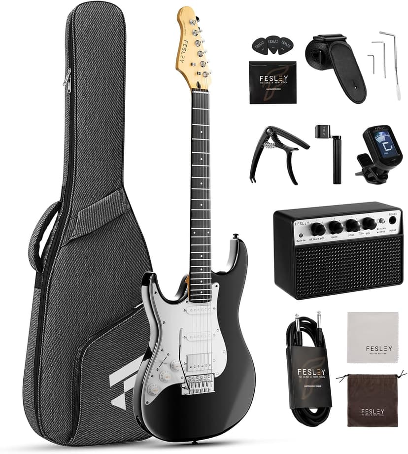 Fesley Left-Handed Electric Guitar: 39" Full Size Beginner Electric Guitar Kit, HSS Pickup, Solid Body Guitar Starter Set with Amplifier, Bag, Strap, String, Cable, FST100L, Black