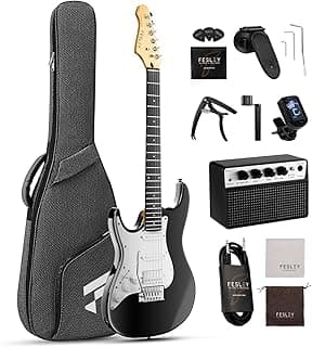 Fesley Left-Handed Electric Guitar: 39" Full Size Beginner Electric Guitar Kit, HSS Pickup, Solid Body Guitar Starter Set with Amplifier, Bag, Strap, String, Cable, FST100L, Black