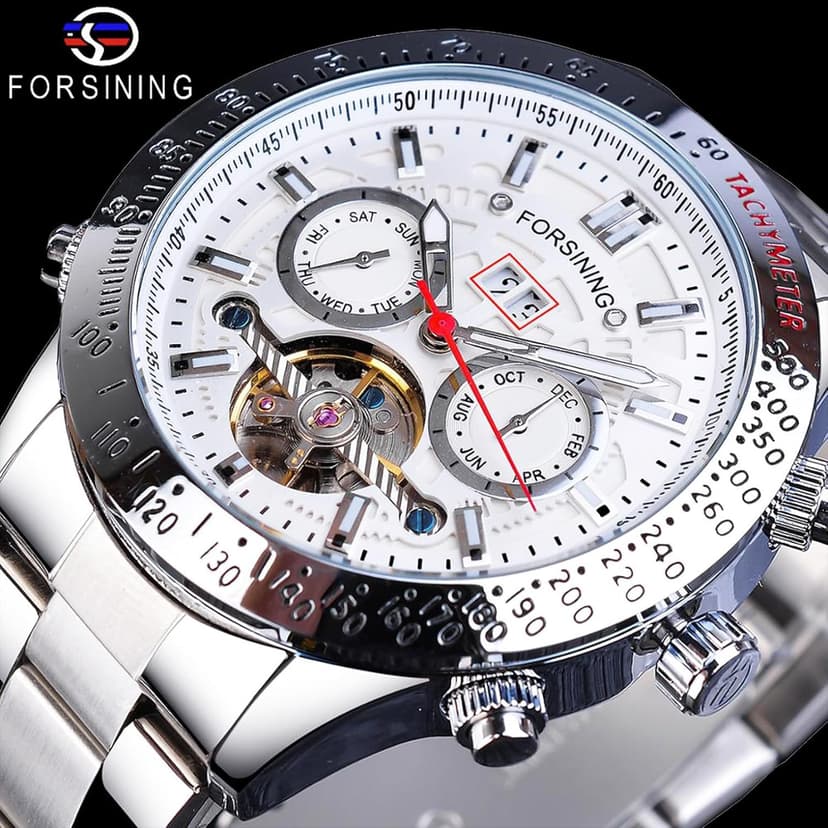 FORSINING Men Tourbillon Mechanical Self-Wind Watch, Day Date Month Full Calendar, Luminous Tachymeter Multifunctional Automatic Watches, Carved Big Dial Stainless Steel Band Wrist Watch