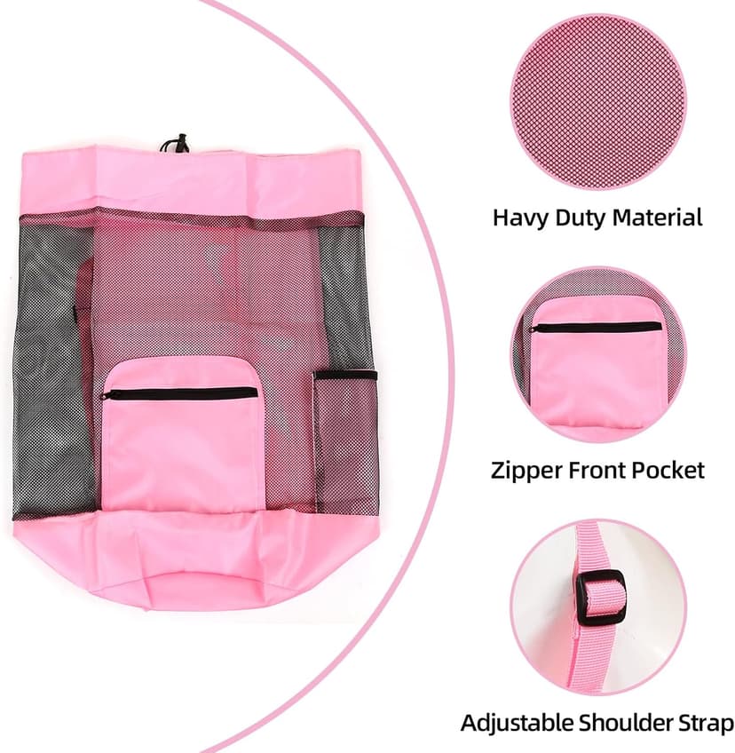 Beach toy bag，mesh backpack for beach,Beach Must Haves Sand Box Toys Seashell Bags，Waterproof Swim Mesh Beach Bag (1, Pink)
