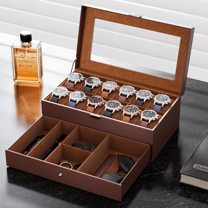 ProCase ProCase Watch Box, 12 Slot Mens Watch Case With Drawer, 2-Layer Watch Display Case With Glass Lid, Mens Jewelry Box Storage Holder Organizer, Birthday Valentine Gifts for Men -12Slot, Espresso