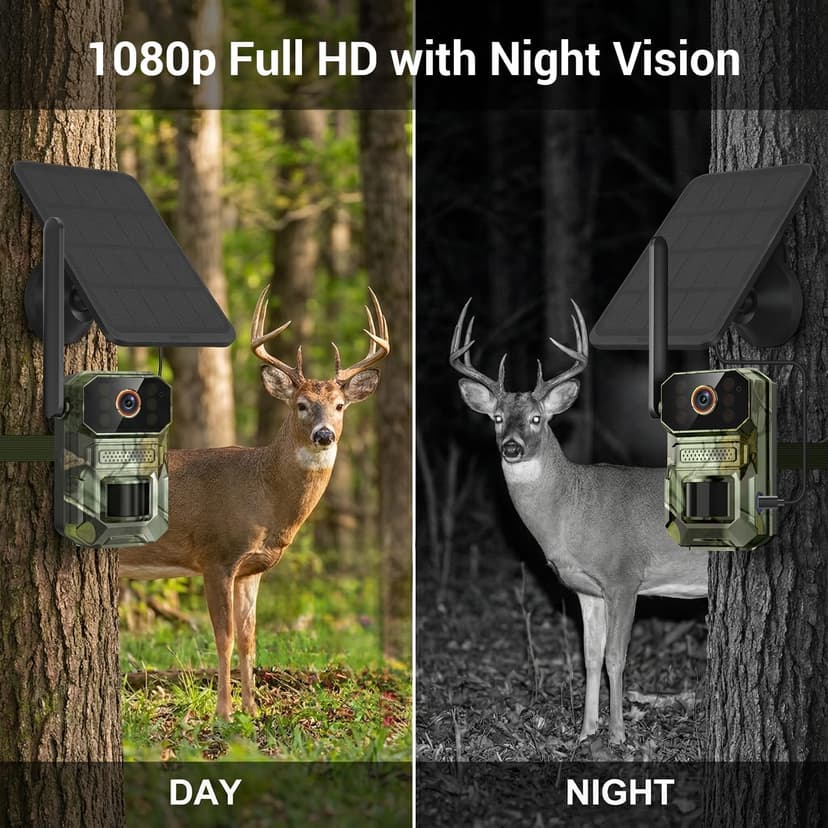 4G LTE Cellular Trail Camera with Solar Panel, 1080p Full HD Game Cameras, Live View, Night Vision, Motion Detection, 2-Way Talk, IP65, Built-in SIM Card, Unlimited Plan (Sold Separately)
