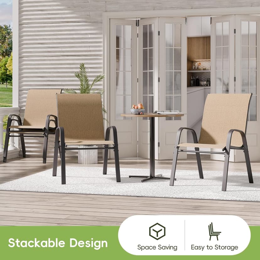 Patio Chairs Set of 4, Outdoor Dining Chairs Stackable for All Weather, Breathable Metal Modern Outside Furniture Chair for Pool Side, Garden, Backyard Deck, Brown