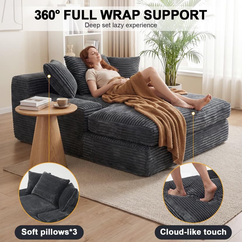 WEUP 69" Indoor Chaise Lounge, Oversized Corduroy Upholstered Armless Sofa Bed, Deep Seat Sleeper Reading Chair, Cloud Sofa for Living Room Bedroom Apartment, No Assembly Required (Gray)