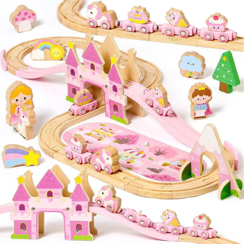 Princess Castle & Magnetic Trains, Compatible with Most Wooden Train Tracks, Birthday Gift for Girls 3 4 5 Year Old Atoylink Wooden Train Set for Toddler Girls, 40Pcs Pink Unicorn Train Toys B0H6HGYDWR