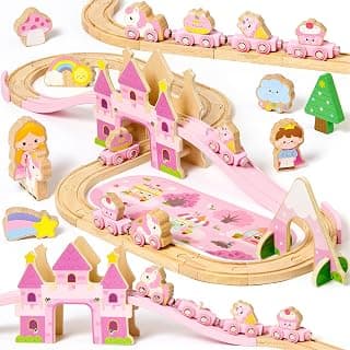 Princess Castle & Magnetic Trains, Compatible with Most Wooden Train Tracks, Birthday Gift for Girls 3 4 5 Year Old Atoylink Wooden Train Set for Toddler Girls, 40Pcs Pink Unicorn Train Toys B0H6HGYDWR