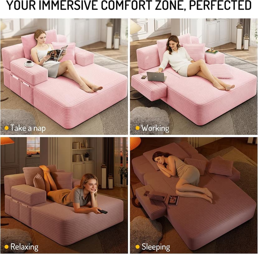 2 in 1 Corduroy Chaise Lounge Chair Indoor, 60'' Oversized Boneless Sofa Chaise Lounge with Pocket, Plush Cozy Deep Seat Couch Chair for Living Room, Bedroom, Small Spaces, RV (Pink)