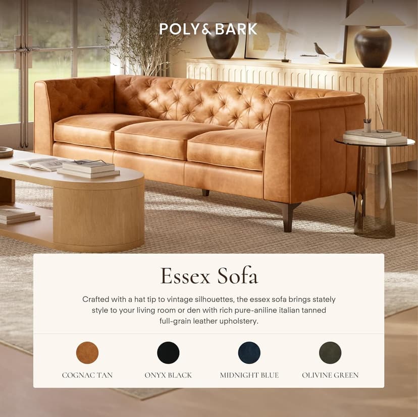 POLY & BARK Essex 89” Full-Grain Italian Leather Sofa – Tufted Back, Feather-Down Comfort, Solid Wood Frame, Cognac Tan