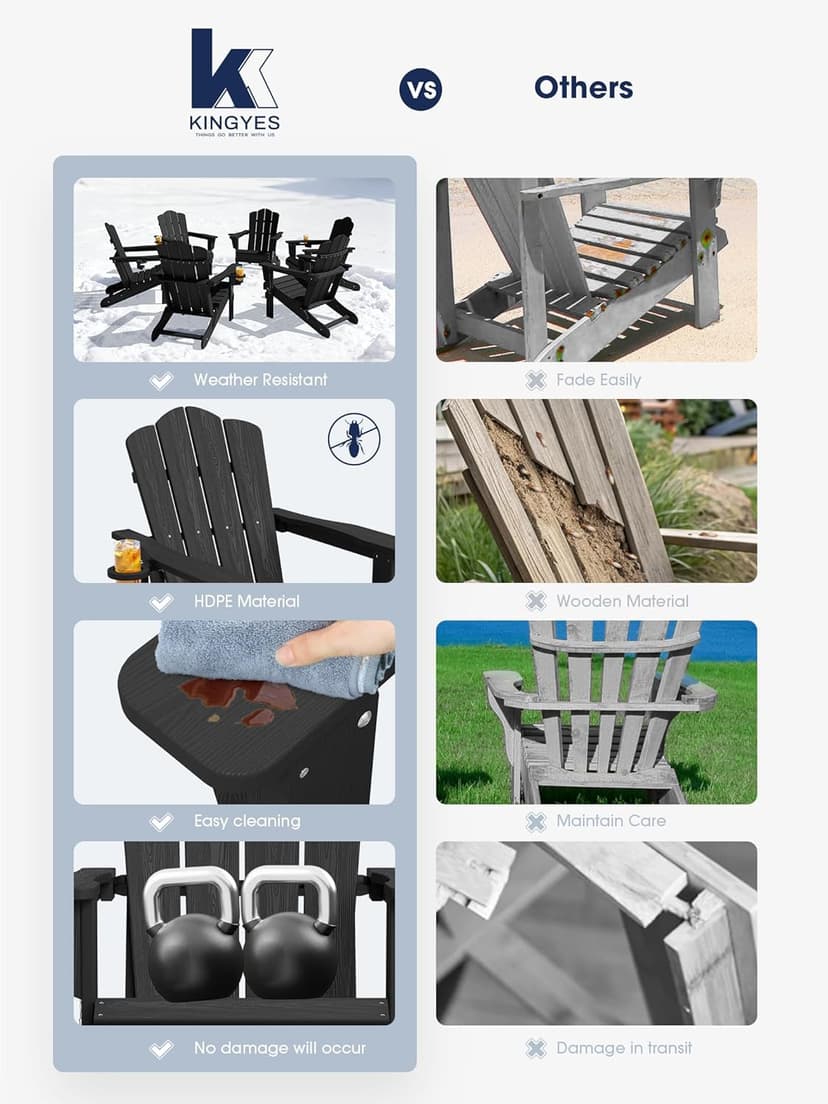 KINGYES Folding Adirondack Chair Set of 6, HDPE All-Weather Patio Chairs, Wooden Textured Lawn Chair for Poolside, Backyard, Deck, Fire Pit, Black