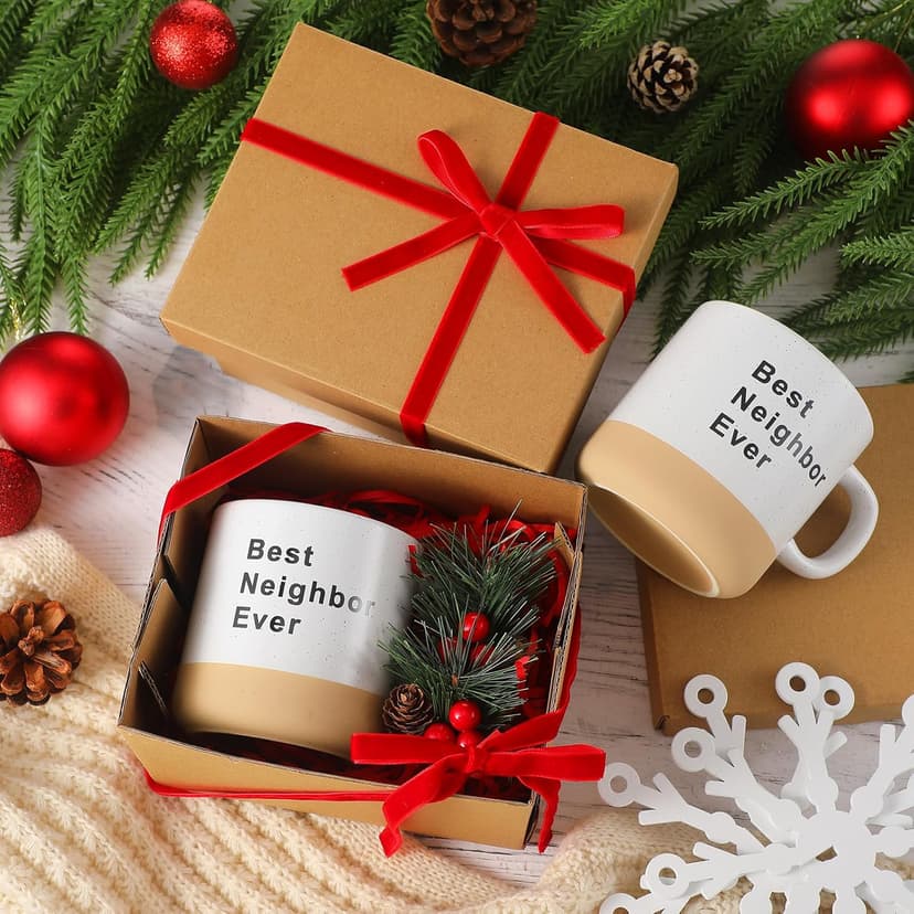 6 Set Christmas Gifts for Neighbors Best Good Neighbor Ever Gifts Ceramic Coffee Mugs Set with Box, Ribbon, Pine Branch for Xmas Holiday Neighborhood Treats Housewarming Goodbye Farewell Appreciation