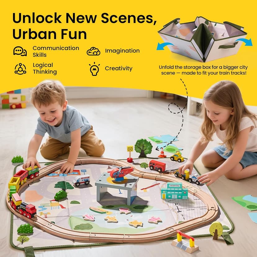 Tiny Land 110pcs Wooden Train Set with Folding Storage Box, Wooden Train Track Toy for Boys & Girls, Age 3-7, Includes Convenient Storage