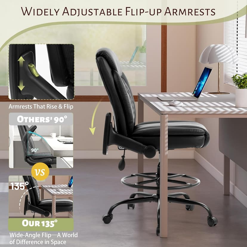 Drafting Chair,Executive Tall Office Chair Flip-up Armrests for Counter Height Desk Drawing Use,High Task Chair with Adjustable Foot Ring & Inflatable Lumbar Support, Swivel Computer Stool,PU Black