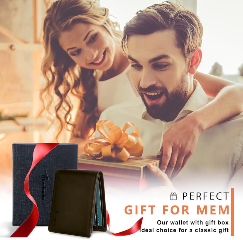 Travelambo Genuine Leather Wallet for Men with Gift Box - Handmade Bifold Stylish - Mens Wallets Rfid Blocking with 2 ID Windows