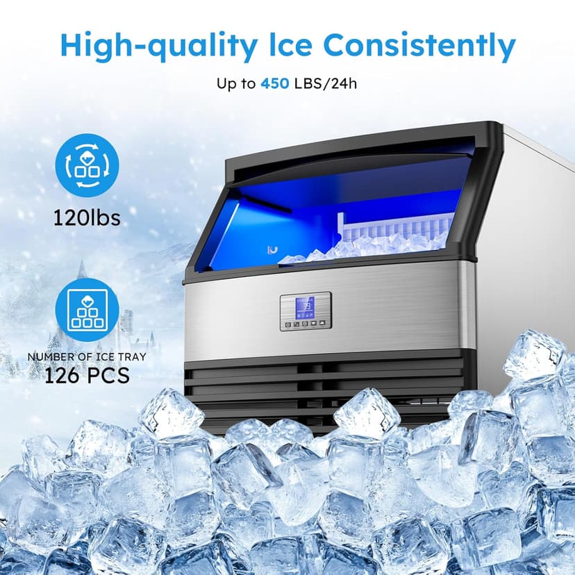 Commercial Ice Maker Machine 450LBS/24H, Under Counter Ice Machine, Upgrade Compressor 120LBS Storage Bin, Stainless Freestanding Commercial Ice Maker for Home Bar Cafe Office,Silver
