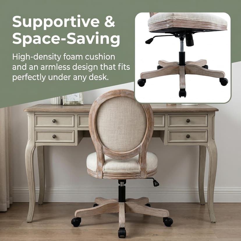 LukeAlon Vintage Linen 360° Swivel Chair, Beige Adjustable Height Task Chair, Armless Wood Frame, Round Back & Wheels for Home Office Study