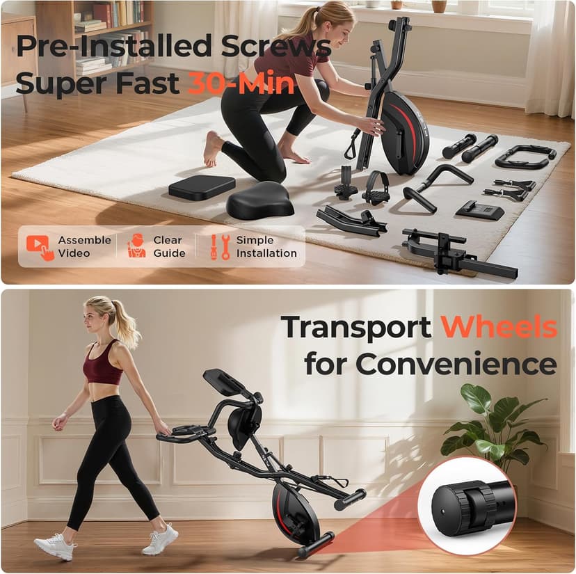 Pleny Folding Exercise Bike, 5 IN 1 Stationary Bikes for Home 6.6 LBS Flywheel, 330LB Weight Capacity Back Support Cushion Indoor Workout Cycling Bike for Home Gym