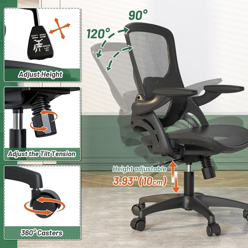 Ergonomic Comfy Mesh Home Office Computer Desk Chair with Height Adjustable Lumbar Support with Flip up Arms for Adult