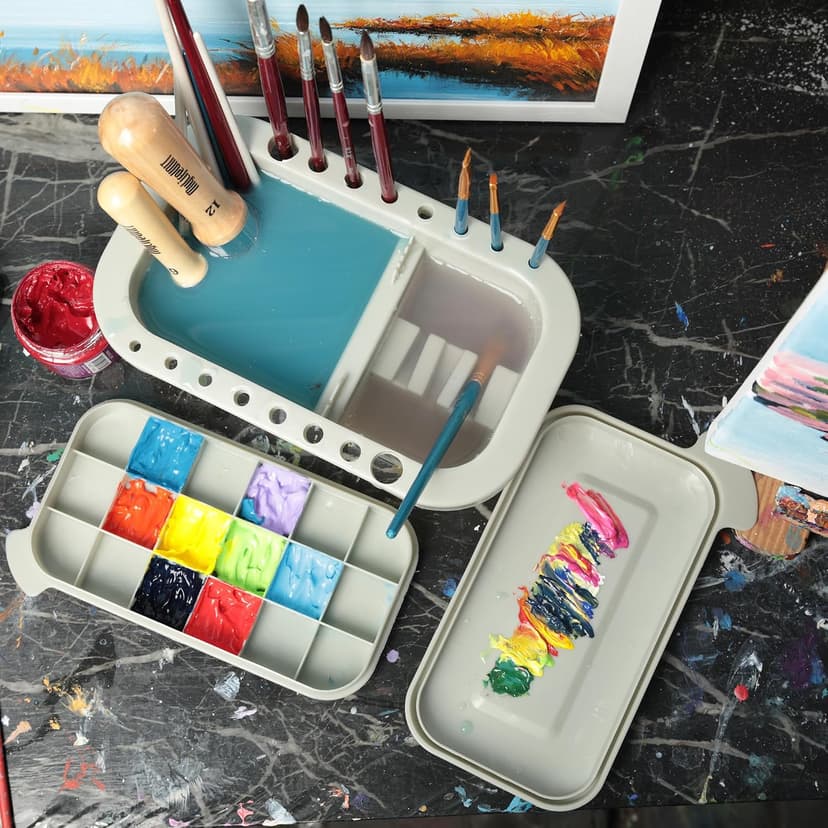 18 mixing wells, 16 slots fitting 0.24-0.63 in diameters, 3 washing compartments, removable tray lid MyLifeUNIT Paint Brush Cleaner, Paint Brush Holder with Palette, Grey B01H5JIU14