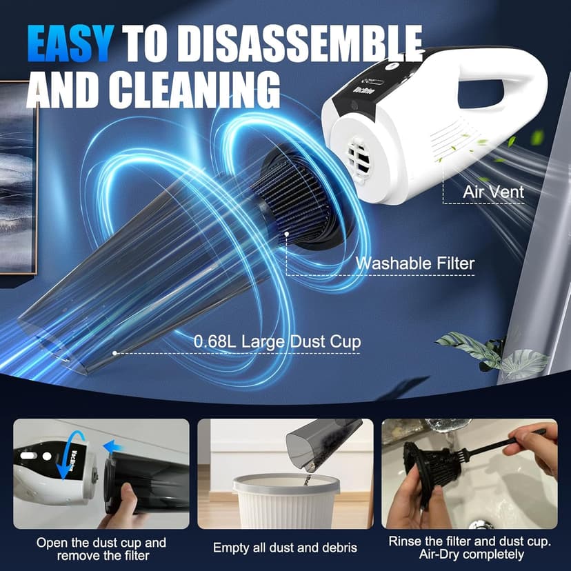 VACDRIVE Car Vacuum Handheld Cordless Car Vacuum Cleaner for Drivers, Office, Home & Pet Hair, with True Brushless Motor, Ultra-Strong Suction, Rechargeable Battery&Big Dust Cup, Type-C Fast Charging