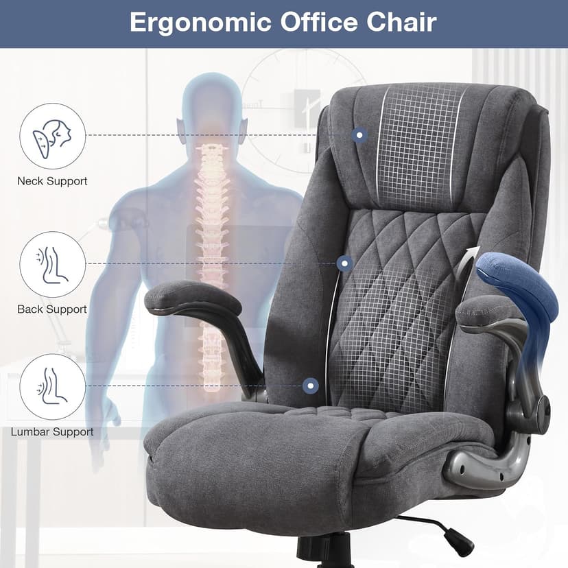 Big and Tall Fabric Office Chair 400lbs High Back Executive Computer Desk Chair with Flip Up Armrest, Breathable Fabric Adjustable Height Ergonomic Home Office Heavy Duty