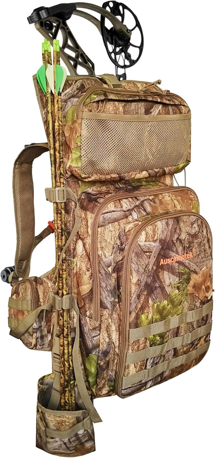 AUSCAMOTEK Bow Hunting Backpack for Archery – Compound Bow & Arrow Pack with Quiver Holder, Multi-Pocket Storage, Camo Gear Bag for Bowhunters