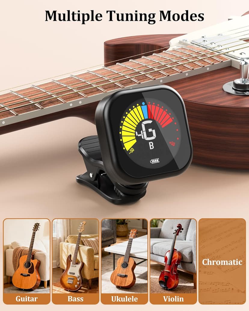 New Bee Guitar Tuner Clip-On Rechargeable with Color Screen 360° Rotatable Acoustic Chromatic Open Tuning for Guitar, Bass, Ukulele, Violin, Cello(Black, 1 Pack)
