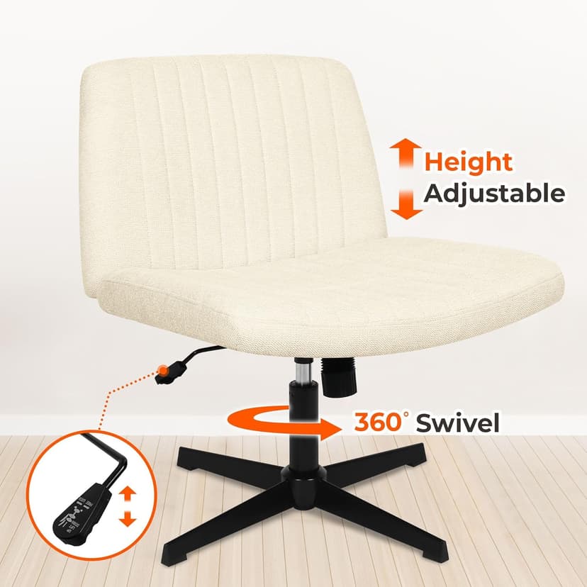 NEO CHAIR Criss Cross Chair No Wheels Armless Cross Legged Office Desk Wide Comfy Vanity Makeup Chair Adjustable Computer Task for Home Office Fabric (Beige)