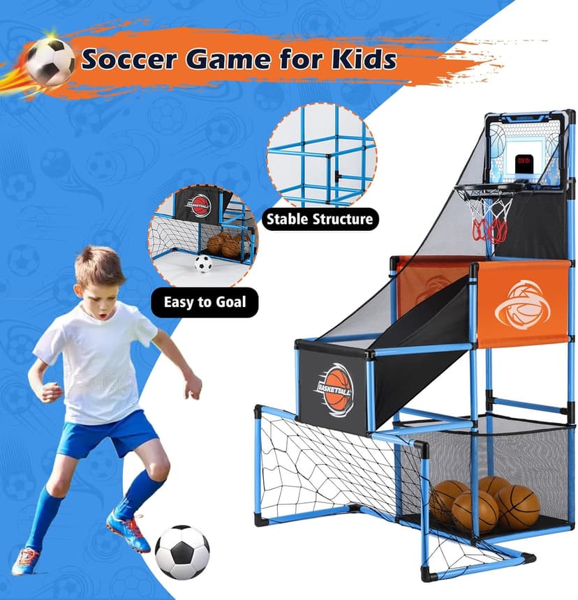 2 in 1 Basketball Arcade Game & Soccer Goal for Kids, Adjustable Kid Basketball Hoop with 6 Balls and Pump, Indoor Outdoor Games for Kid Toys for 3-12 Year Old Kids Birthday Gifts for Boys Girls