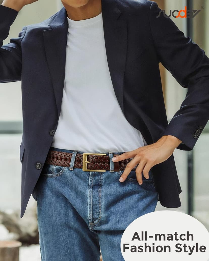 SUOSDEY Braided Genuine Leather Belt for Men, 1.2" Width Men’s Casual Woven Leather Belt for Jeans Pants