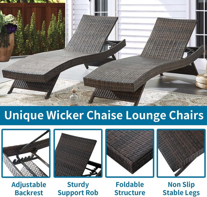 79'' Long Reclining Chaise Lounge Set (Set of 2), Outdoor Wicker Reclining Lounge Chair Patio Rattan Double Chaise Lounge Lawn Sunbathing Chairs Beach Pool Backrest Recliners (Set of 2)