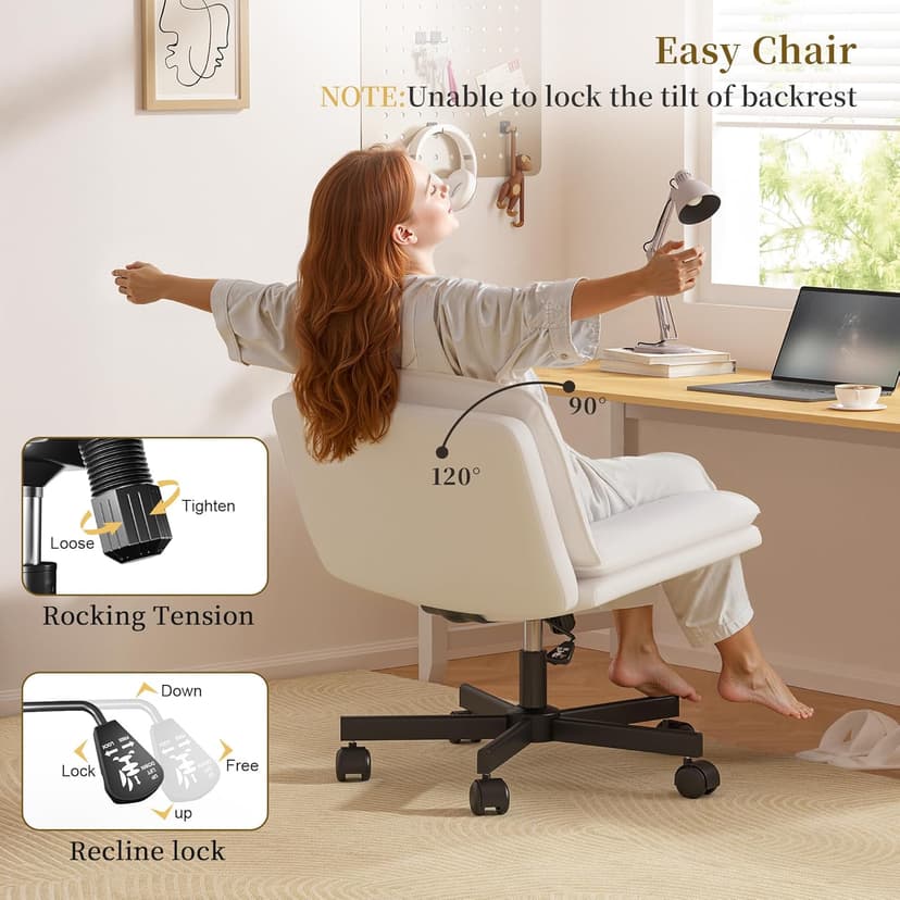 DurayLoly Criss Cross Chair with Wheels, Cross Legged Office Chair, Armless Wide Vanity Desk Chair with 2 Layer Scratch-Resistant Pu Leather Swivel for Home Office Bedroom,Beige