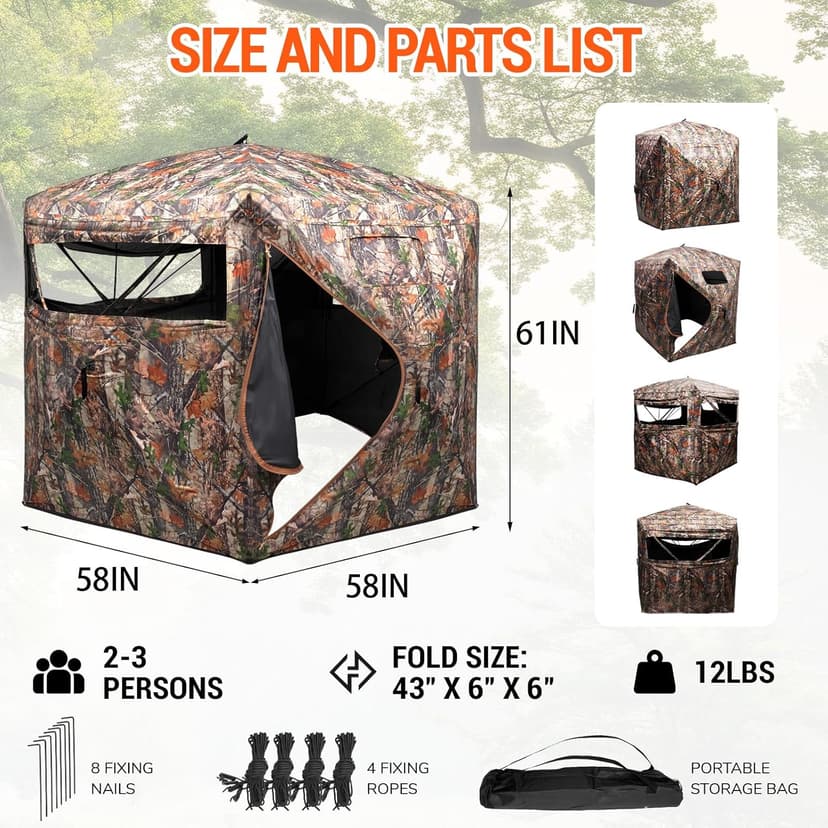 FUNHORUN Hunting Blind 270/360 Degree See Through Ground Blind，2/3 Person Soft Material Pop-Up Camouflage Tent，Easy-Fold Portable Concealed Shelter with Carrying Bag