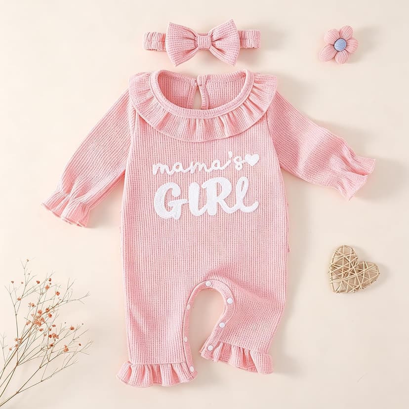 Soft waffle knit romper with ruffle trim, snap closure and matching bow headband QITUDATEY Baby Girl Waffle Knit Romper with Headband, Ruffle Jumpsuit B0HCKVJZZB