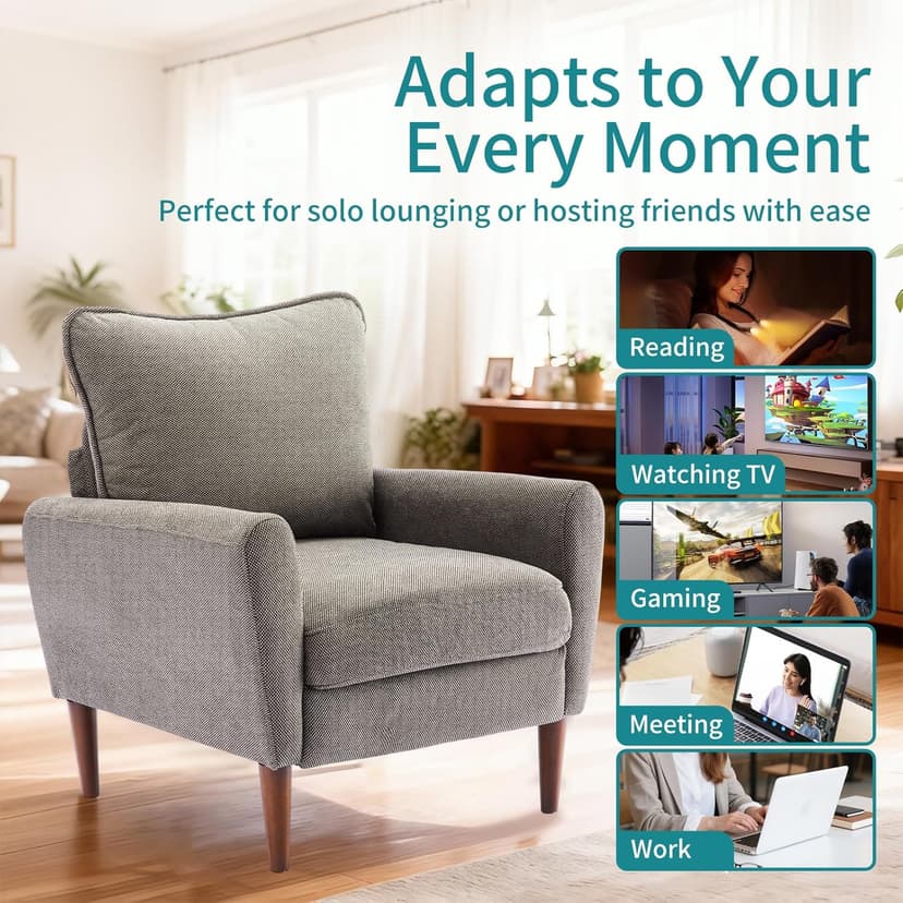 OLIXIS Comfy Accent Chair for Living Room Bedroom and Waiting Room, Upholstered Mid-Century Reading Chair with Pillow and Solid Wood Legs, Wide Singe Modern Lounge Sofa (Gray)