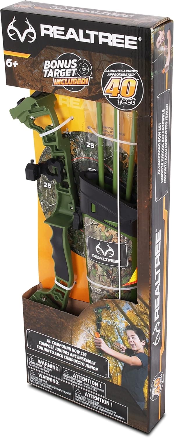 NKOK Realtree Jr. Compound Bow Set; PVC Tipped Suction Cup Arrows Can Be Propelled Up to 40 Feet; 3 Arrows and Target; Red LED Scope; Age 6+