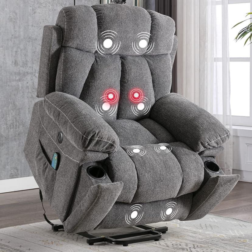 CANMOV Large Power Lift Recliner Chairs with Massage and Heat for Elderly Big People, Heavy Duty Motion Reclining Mechanism-Anti Skid Fabric Recliner Chair with 2 Concealed Cup Holders,Dark Gray